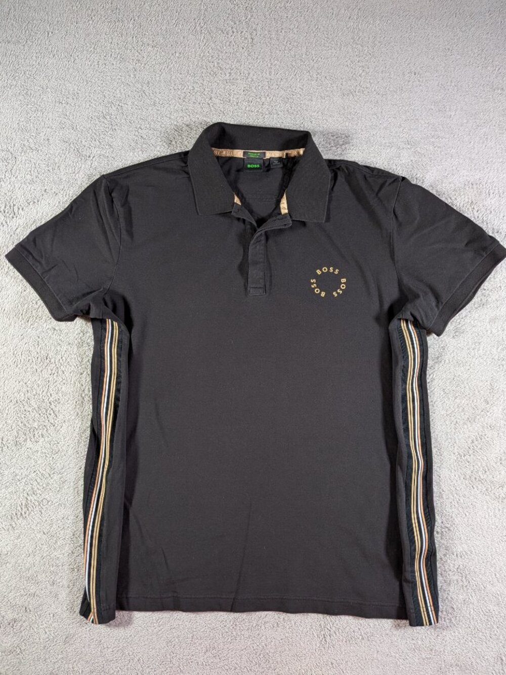 BOSS Men's XXL Black Polo Regular Fit Stretch Gold Stripe Green Label